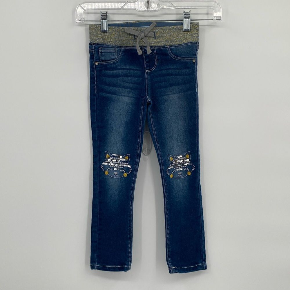 Blue Ink Animal Sparkle Knees Jeans Elastic Waist Dark Wash Whiskering size 5